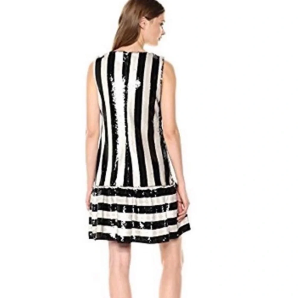 Betsey Johnson Black & Ivory Striped Sequin Ruffle Hem Mini Dress. Size 2. #630 - Picture 2 of 9